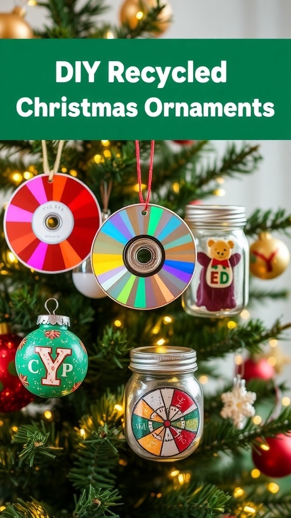 A variety of recycled Christmas ornaments made from CDs, cardboard, and jars hanging on a Christmas tree.